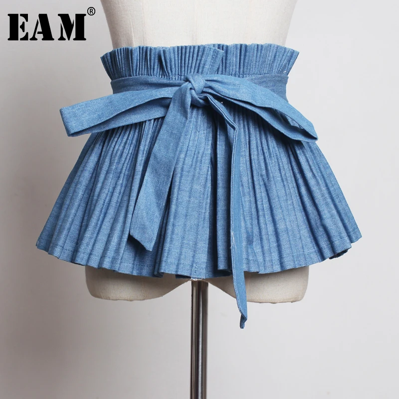 

[EAM] 2019 New Spring Summer Pleated Split Joint Temperament Bandage Bow Personality Wide Belt Women Fashion All-match JQ988