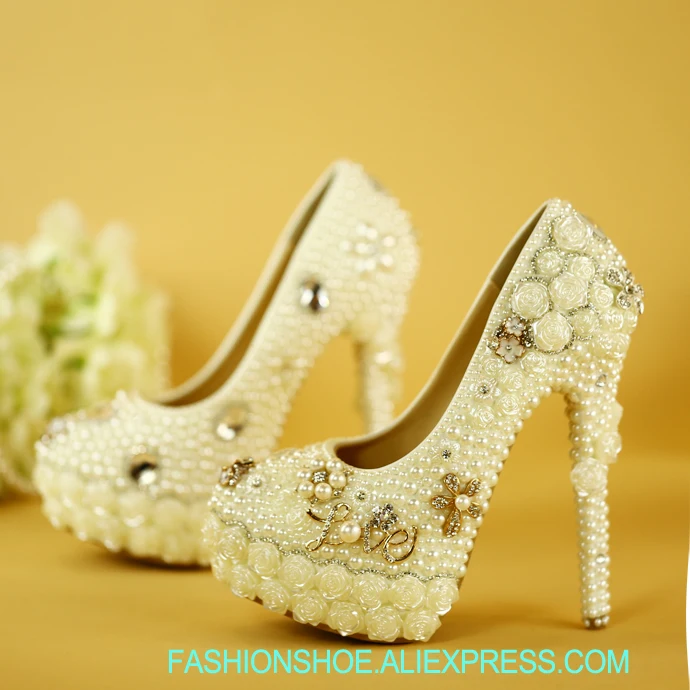 

Wedding shoes white pearl shoes rhinestones lace waterproof platform high heels wedding bride banquet dress shoes pearl lace