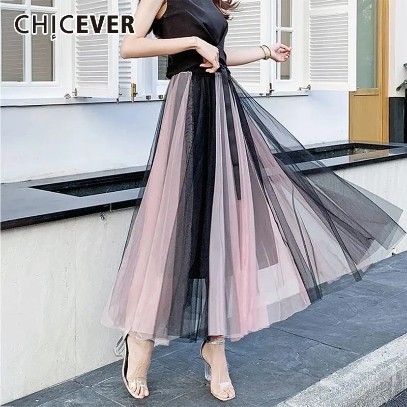 

CHICEVER Summer Sweet Hit Color Patchwork Mesh Pleated Skirtfor Women Elastic High Waist Loose Plus Size A-line Female Skirts