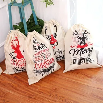 

Merry Christmas Gift Bas 2019 Hot Sale Christmas Sack Xmas Large Capacity Party Drawstring Linen Deer Letter Printed Gift Bag