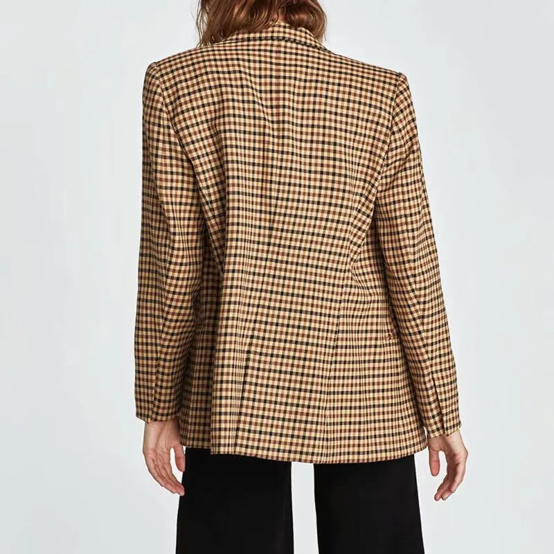 New V-Neck Turn-Down Collar Plaid Blazer Coat Vintage Woman Double Breasted Long Sleeved Jacket Casual Checked Loose Coats