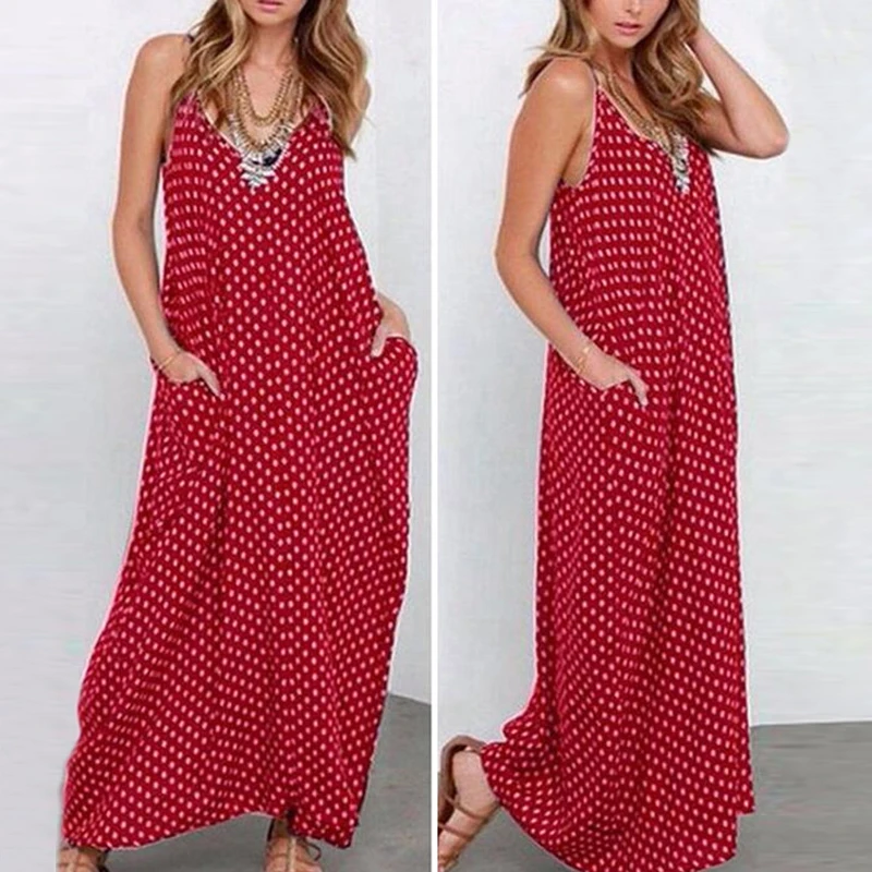 

PLUS Summer Women Ladies Hippie Long Maxi Polka Dots Loose Beach Casual Dress