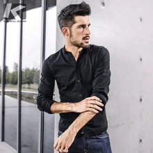 KUEGOU New Spring Mens Casual Shirts Solid Black Color With Pocket For Man's Long Sleeve Slim Fit Wear Male Brand Blouse 0791