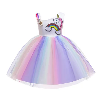 

8226 New Spring and Summer Children's Clothing Mesh Lace 2019 Single Shoulder Girls Performing Unicorn Princess Dress