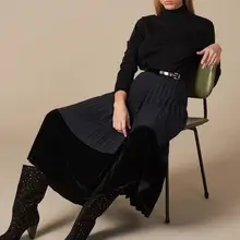 Синяя контрастная бархатная плиссированная юбка миди-2 019ss новая весенняя женская/Женская юбка с поясом