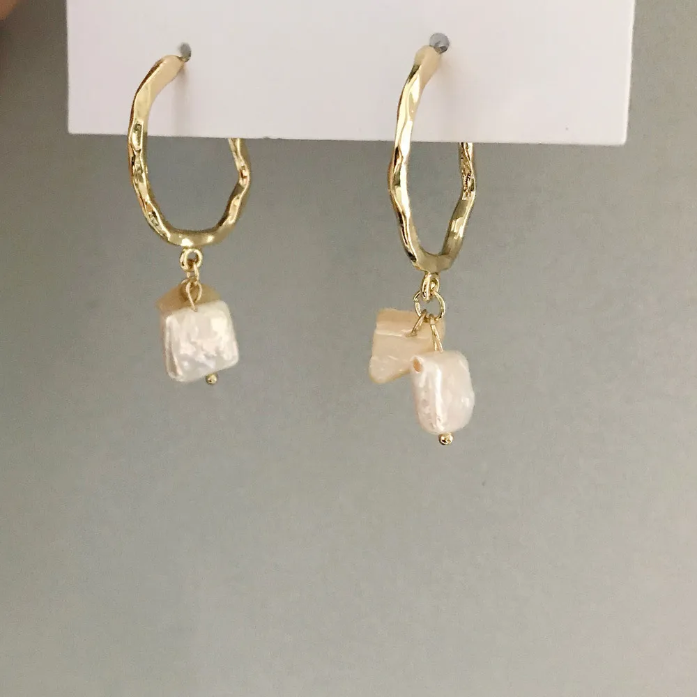 

Korea Japan Baroque Vintage Matte Metal Gold Square Geometry Natural Irregular Freshwater Pearl Earrings For Women Earrings