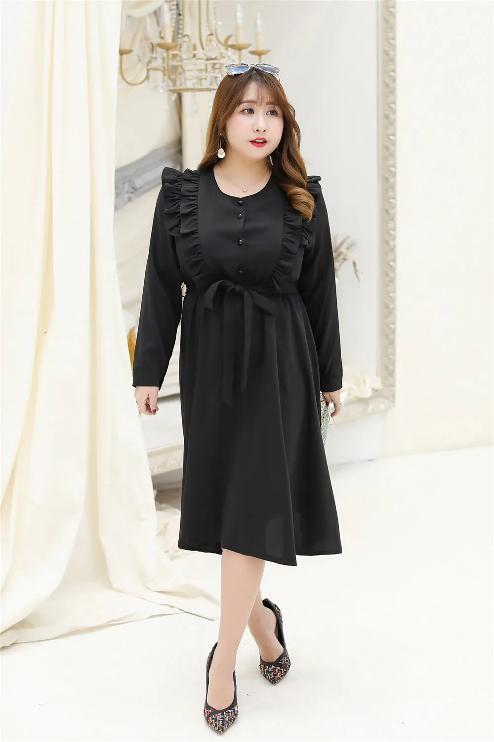 

MINSUNDA Plus Size Button Front Ruffle Trim Belted Elegant Dress Women Round Neck Midi Dresses Femme Long Sleeve A Line Dress