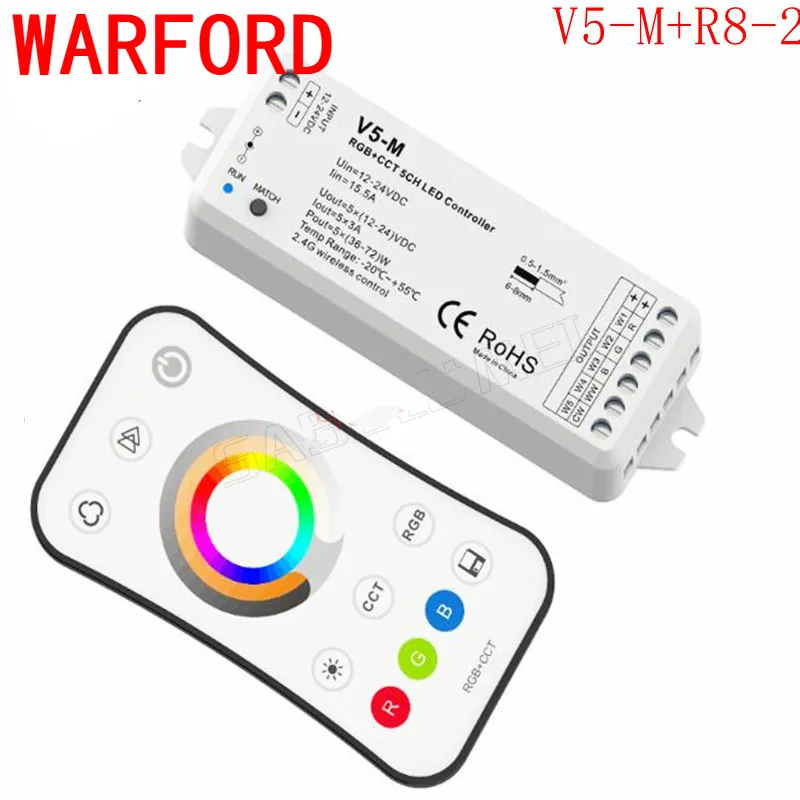 

V5-M+R8-2 DC12V - 24V 5CH 2.4G RF RGB+CCT LED Controller Color temperature brightness control for RGB+CCT LED Tape Strip light