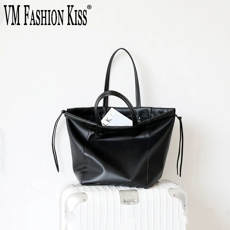 

VM FASHION KISS 100% Genuine Leather Ladies Drawstring Shopping Bag Hand Top-handle Bags For Women Handbags High Quality Totes