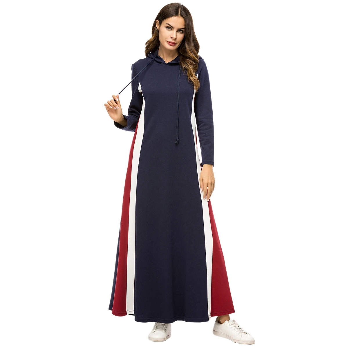 

Muslim Fashion Stripe Contrast Color Patchwork Dress Women Long Sleeve Hooded Long Dress Autumn Winter Casual Slim Brief Elega