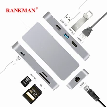 Rankman Type C HUB to USB3.0 HDMI RJ45 Ethernet USB2.0 Adapter SD/TF Card Reader USB-C HUB PD Charging for MacBook Samsung