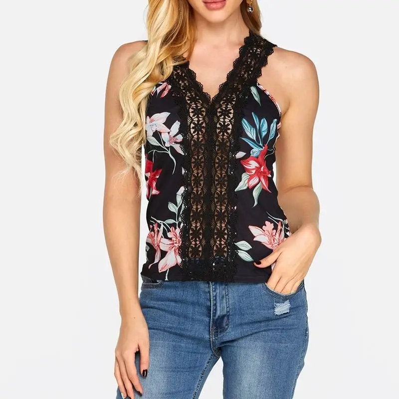 

Women Floral Print Tanks Tops 2019 Summer Casual Sexy V Neck Straps Off Shoulder Backless Sleeveless Patchwork Lace Top