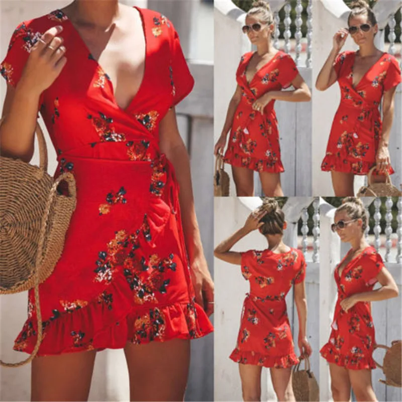 

Women's Floral Printed Summer Dresses Fashion Ladies Red Short Sleeve Dress Deep V-neck Ruffles Beach Short Mini Dress Vestidos