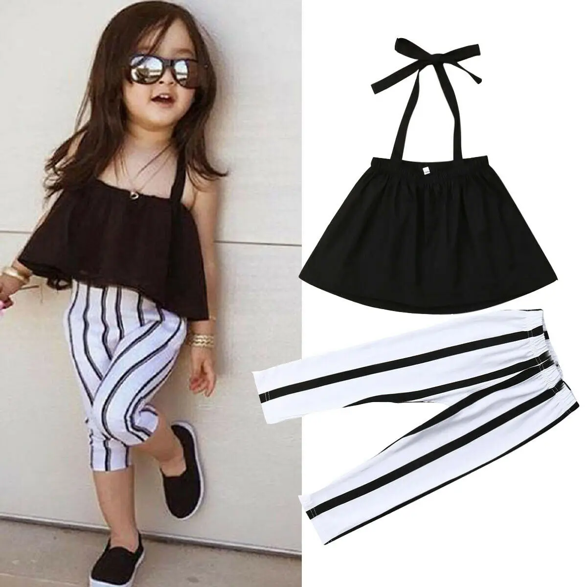 

Toddler Baby Girls Summer Pants Set Solid Strap Crop Tops Stripes Pants Leggings Infant Kids Girl Summer Outfits Clothes 2Pcs