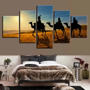 

Home Decoration Framework Canvas Wall Art Painting 5 Panel Desert Camel for Living Room Modern HD Printed Pictures Poster
