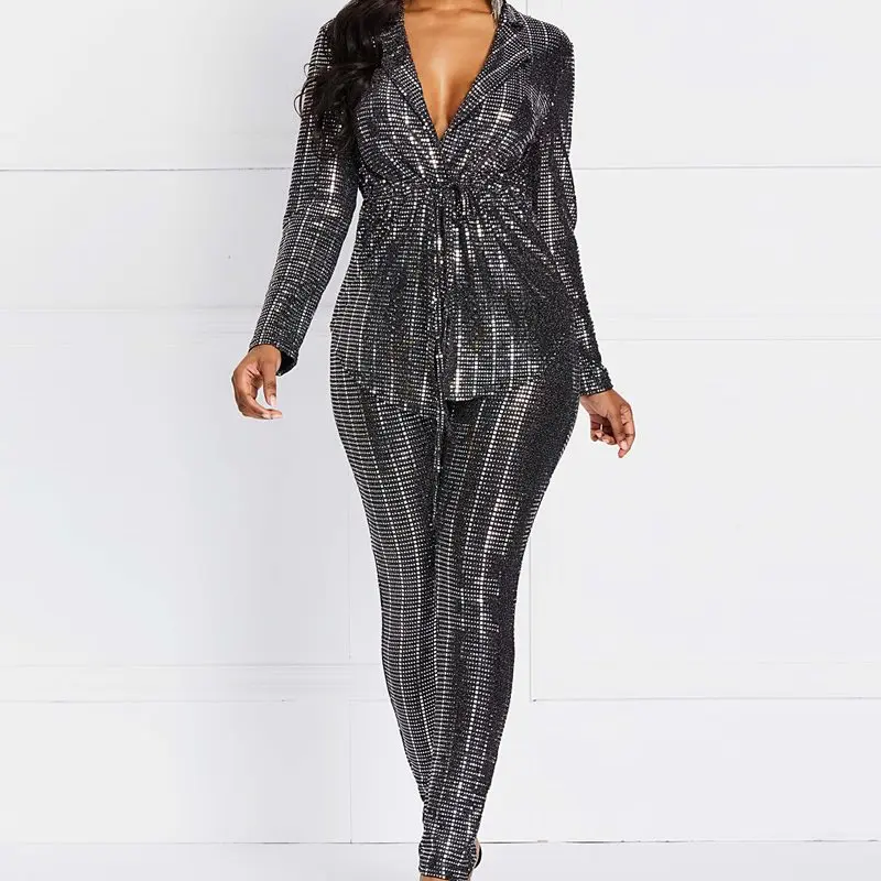 Fashion Women Blazer Set Silver Sequins Casual Coat Skinny Pants 2 Piece Street Office Elegant Lace Up Slim Spring Ladies Suits
