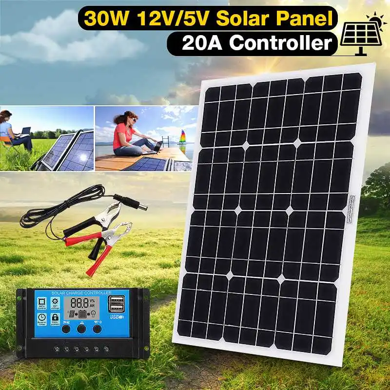 

Best 30W 3in1 12V/5V DC USB Solar Panel Kit Solar Power System Suit 20A PWM LCD Display Multifunction Controller 30cm DC Cable