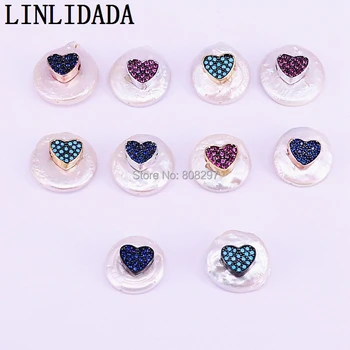 

8Pcs Coin Shape Natural Freshwater Pearl Spacer Connector Beads with Cz Micro Pave Heart Charm Jewelry Accessories