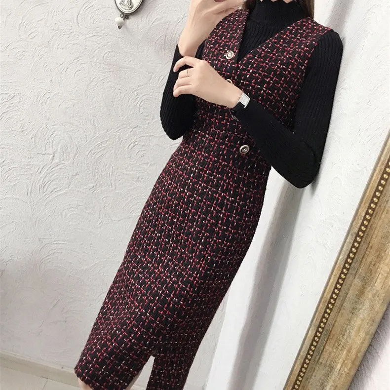 

Autumn Winter Women Elegant Turtleneck Woolen Two Piece Sets New Knitted Sweater and Split Dress Slim Plaid Suits