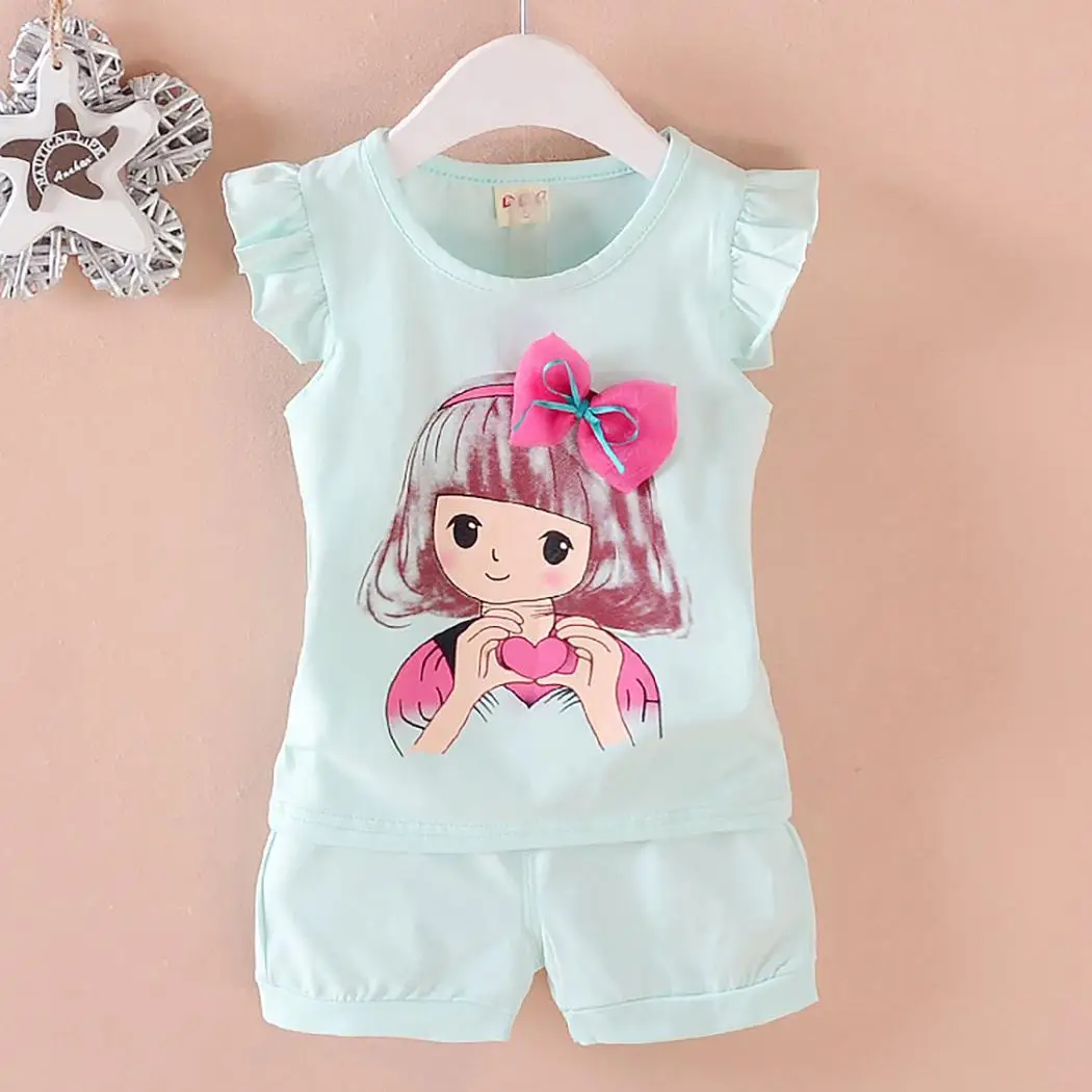 

Girls Casual Cartoon O-Neck Sleeveless Ruffles T-shirt Loose Summer Shorts) Shorts Two-piece Children Set