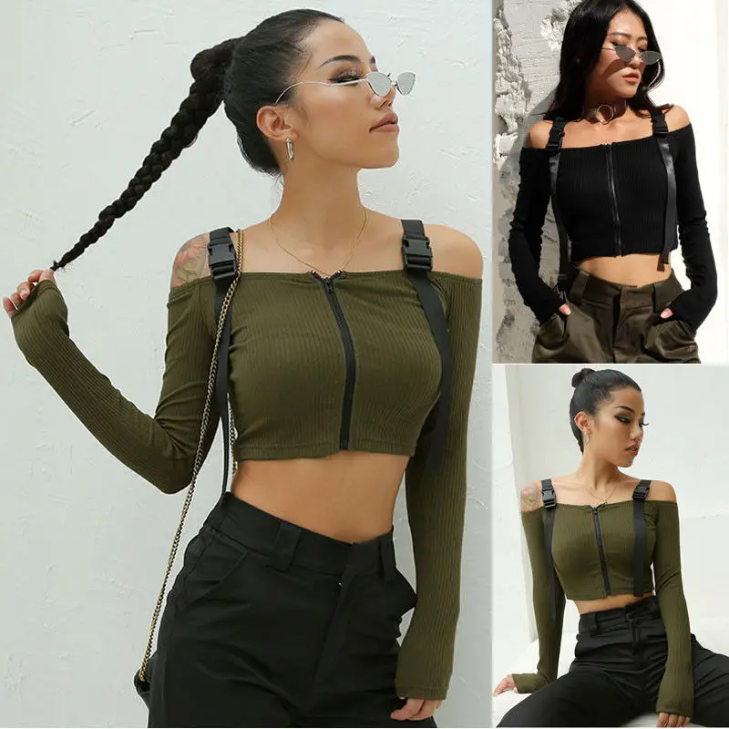 

Hirigin Harajuku Short Shirts 2018 New Fashion Women Off Shoulder Crop Top Long Sleeve Shirt Blouse Sweater Shirt
