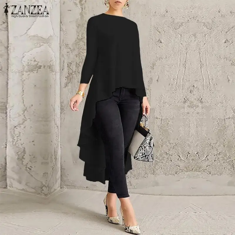 

2019 ZANZEA Tunic Tops Elegant Women's Asymmetrical Hem Blouse Female Pleated Long Sleeve Work OL Shirt Solid Swallowtail Blusas