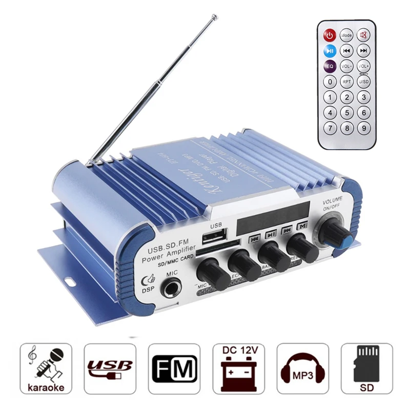 High quality RCA input/output socket And Av Cable Usb Sd Fm Professional Karaoke Amp For Car EU Plug Blue