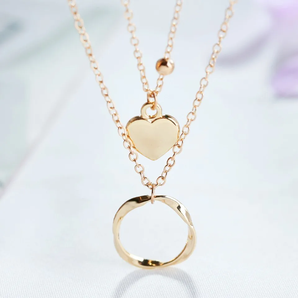 

Two Layers Heart&Round Minimalism Pendant Women Necklace Fashion Jewelry Romantic High Quality Wedding Necklace Chain