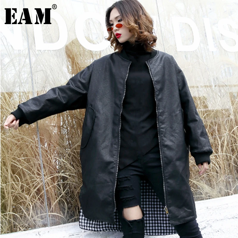 Noir Femme Éclair Printemps Pièce Col Cuir Longues Hiver À En Le384 Plaid Montant eam Black Manteau Lâche Manches Fermeture 2019 2 Faux Spliced Poches q4Ixw5P
