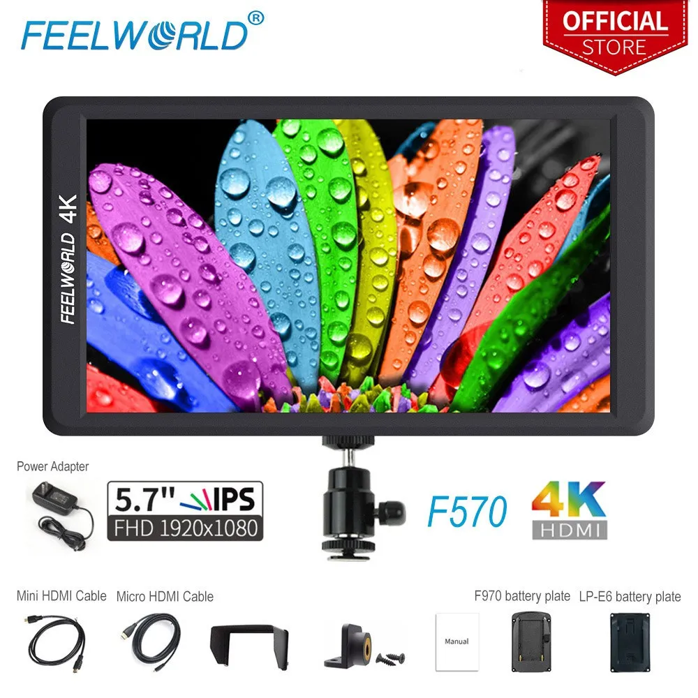 

Feelworld F570 5.7 Inch On Camera Field Monitor DSLR Small HD Focus Video Assist 1920x1080 IPS with 4K HDMI Output Aluminum Case