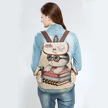 

Women Canvas Backpack Cartoon Cat Pattern School Bag Pockets Casual Vintage Bag Travel Drawstring backpack 3#