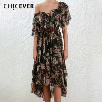 

CHICEVER Summer Print Women Dress Slash Neck Bandage Short Sleeve High Waist Ruffles Hem Asymmetrical Beach Dresses Female 2020