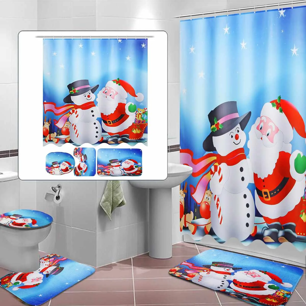 Bath Mat Set Rug Lid Santa Christmas Waterproof Shower Curtain 3Pc Non