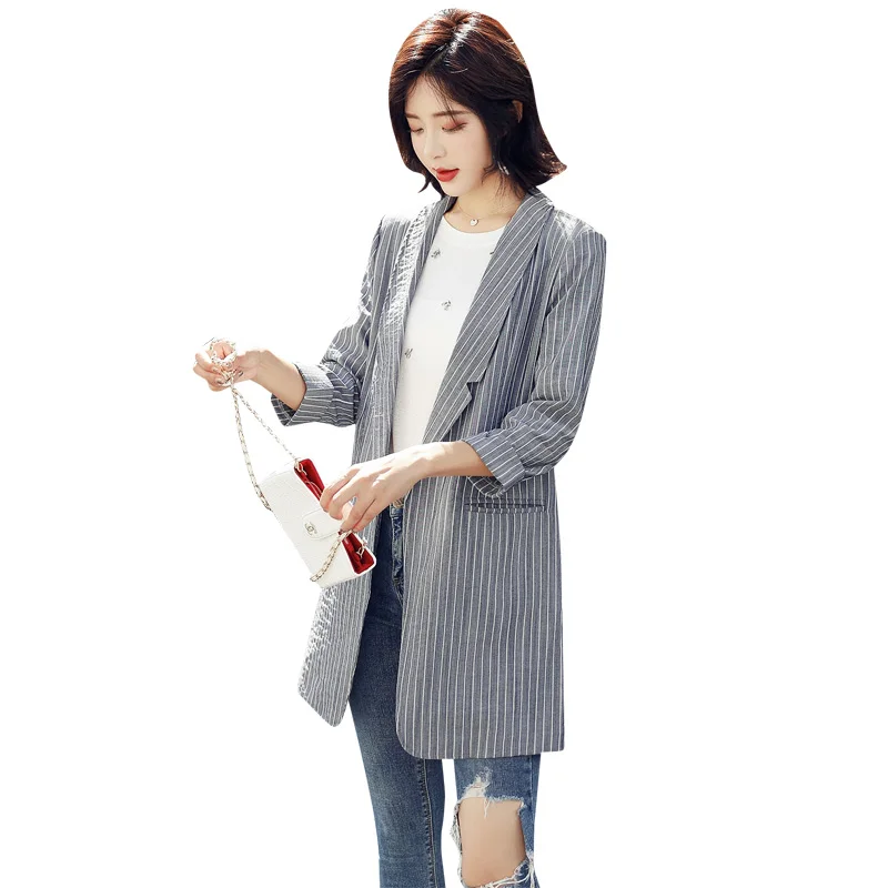 2019 Striped Jacket for Women Summer Wear Female Casual Style Breathable Coat Half Sleeve Blazer Tops Outwear 2019 Striped Jacket for Women Summer Wear Female Casual Style Breathable Coat Half Sleeve Blazer Tops Outwear
