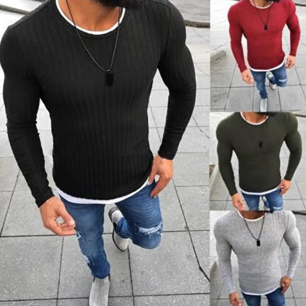 

2019 New Style Fashion Hot Men's Slim Fit Long Sleeve Slim Patchwork Casual Tops Skinny O Neck Pullover Sweater