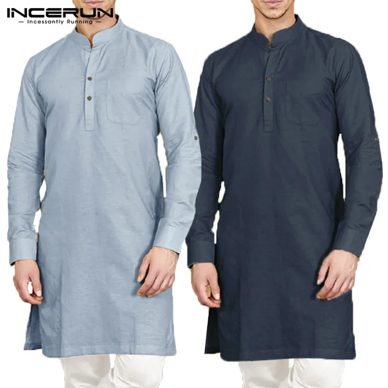 

INCERUN Men Shirt Stand Collar Long Sleeve Button Cotton Solid Long Shirt Casual Indian Suit Men Muslim Islamic Colthes