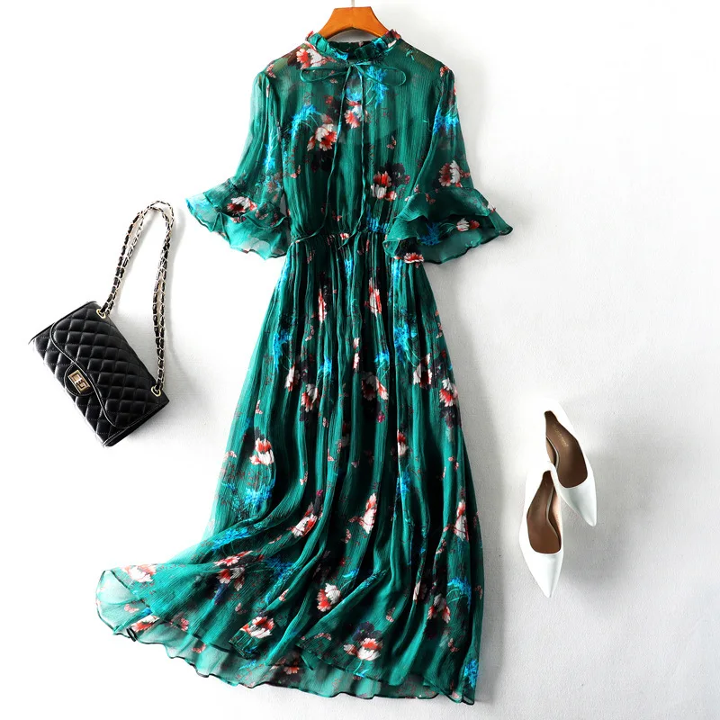 

High Quality Green Midi Dress 2019 Summer 100% Pure Silk Print Floral Elegant Dress Casual Style Vacation Beach Dress Vestidos