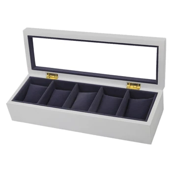 

White Wooden 5 Slot Watch Box Black Flannel Small Pillow Pad Display Watch Storage Box