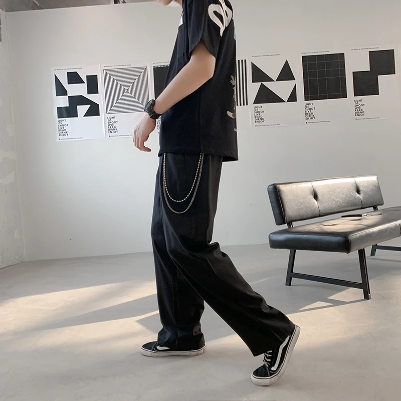 2019 Men's Western-style Trousers Wide Leg Pants Leisure Male Suit Loose Chain Decoration Black Color Casual M-2XL |