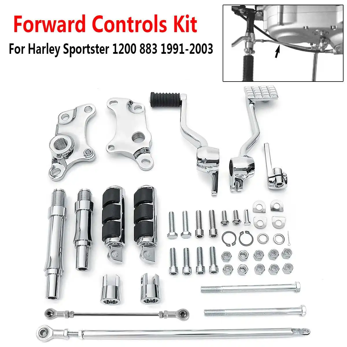 

Complete Set of Chrome Forward Controls Foot Pegs Kit Levers Linkage For Harley Sportster 883 1200 Custom Roadster