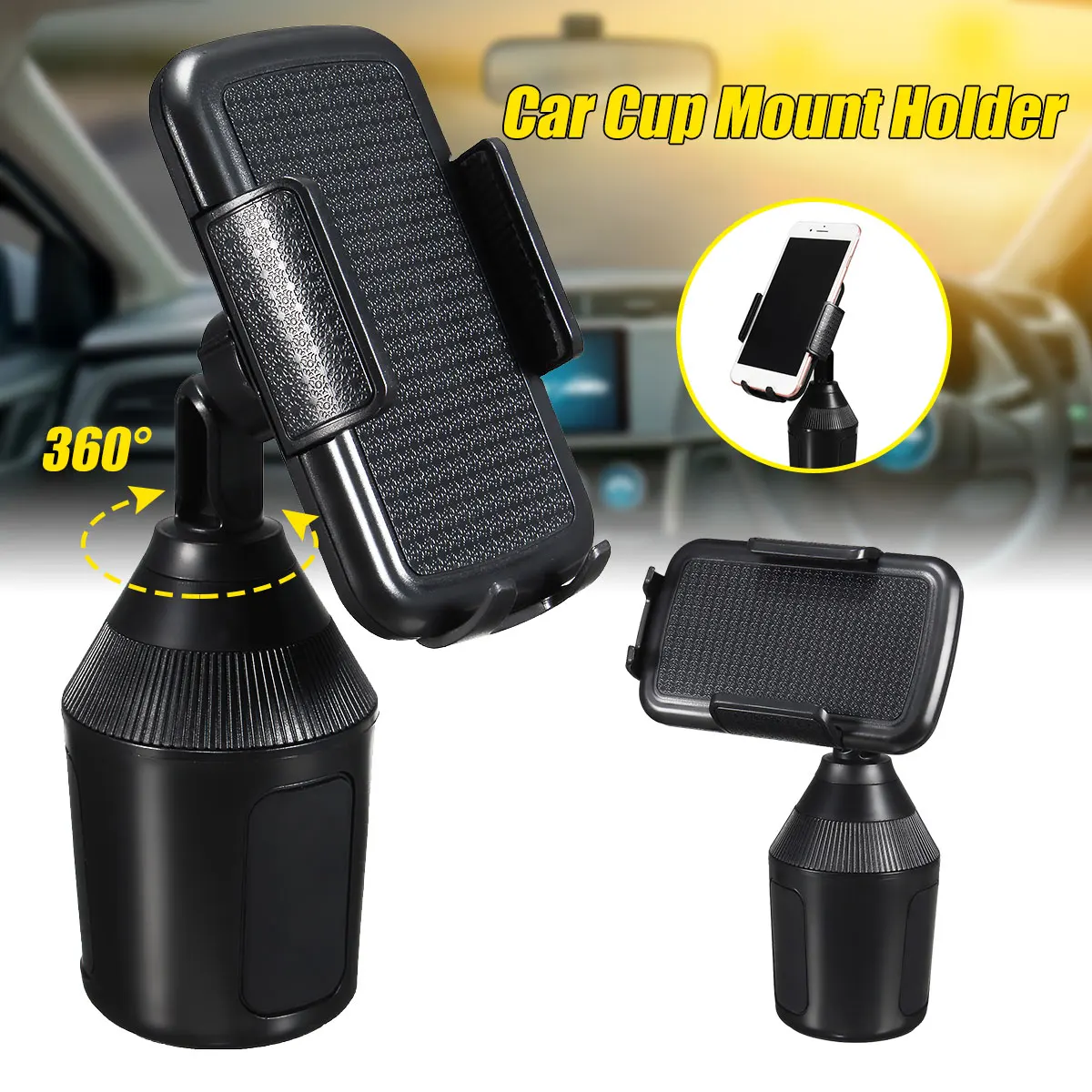 

360 Degree Adjustable Car Cup Holder Stand Cradle Mount Clip For Iphone xr xs max Cell Phone GPS Tablet Black ABS 5.5x12x18cm