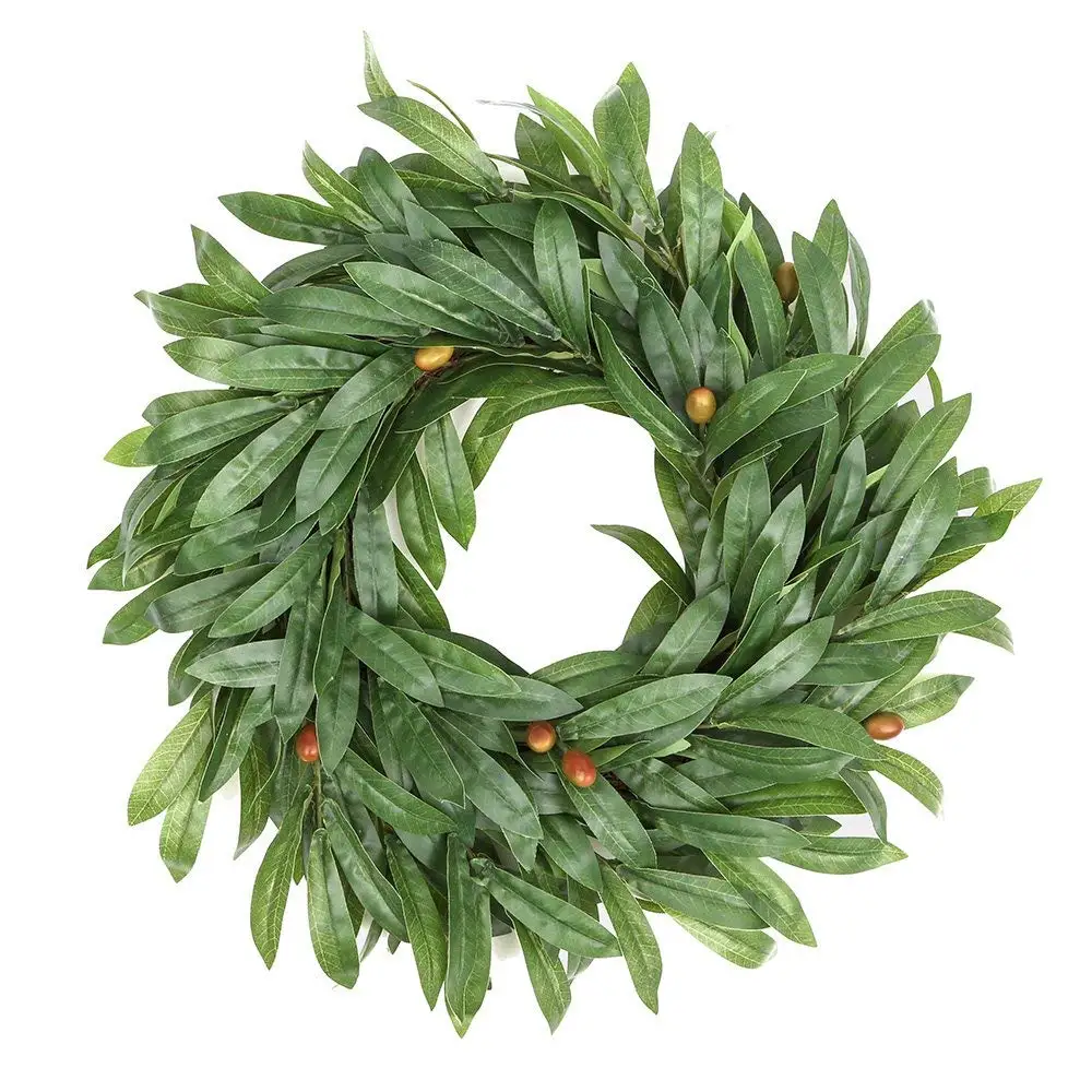 

16 Inch Door Wreath Artificial Real Wicker Frame Faux Olive Leaves | UV Resistant Farmhouse Home Decor Built-In Hangi