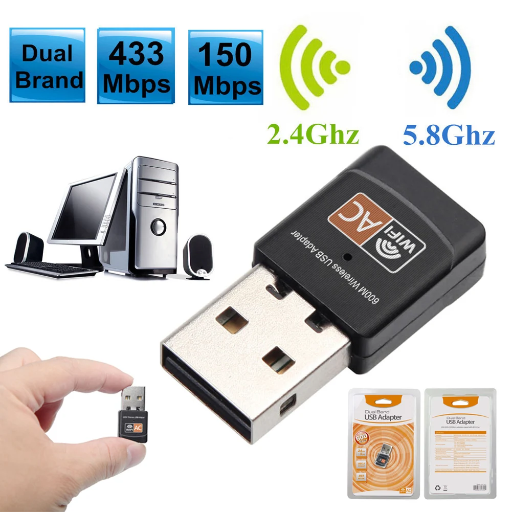600Mbps USB WiFi Adapter 2.4GHz 5GHz WiFi Antenna PC Mini