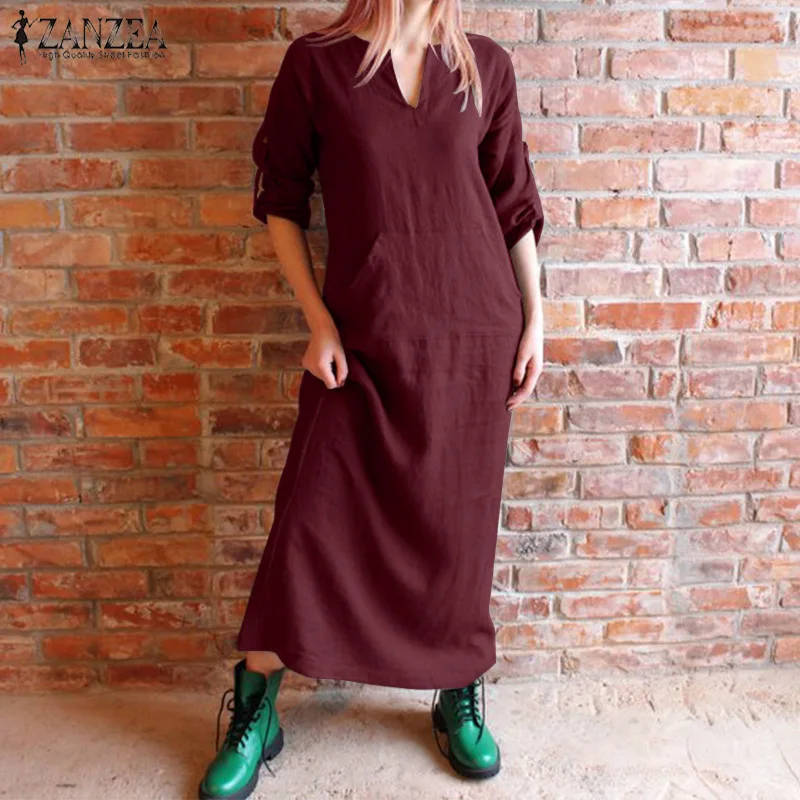 

2019 ZANZEA Women Vintage Kaftan Maxi Dress Spring Long Sleeve Solid Loose Cotton Linen Vestido Robe Femme Party Long Dresses