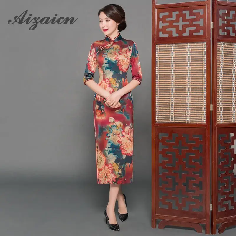 

2019 Spring Summer New Printing Long Cheongsam Modern Women Chinese Dress Qipao Oriental Style Vintage Gown Similar Silk Qi Pao