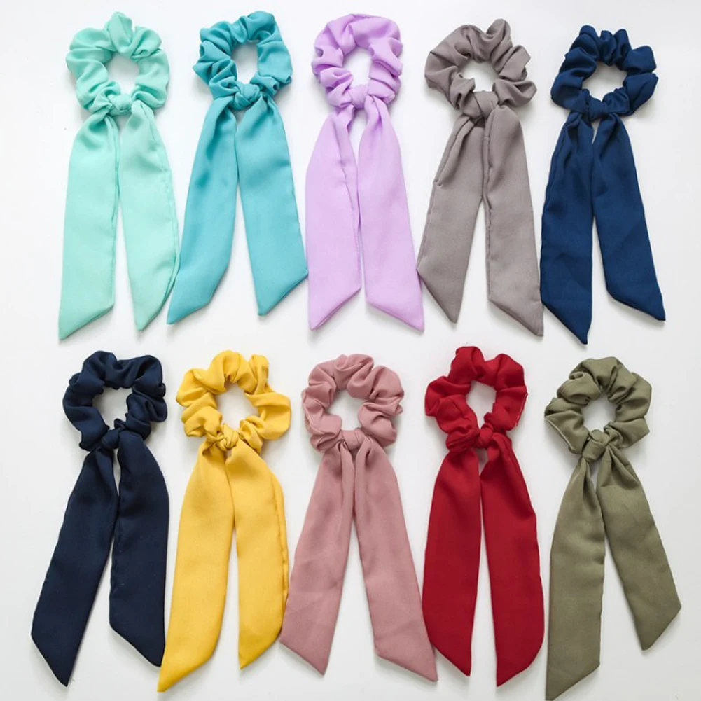 Elastic Hair Bands Rabbit Ear Bow Soft Accessories Summer New Fashion Solid Chiffon Diy Streamers Scrunchie |