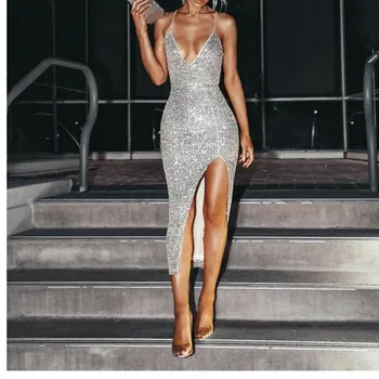 

2019 Summer Women Silver Sequined Dress Sleeveless Deep V-Neck Split Midi Dress Spaghetti Strap Party Club Dress