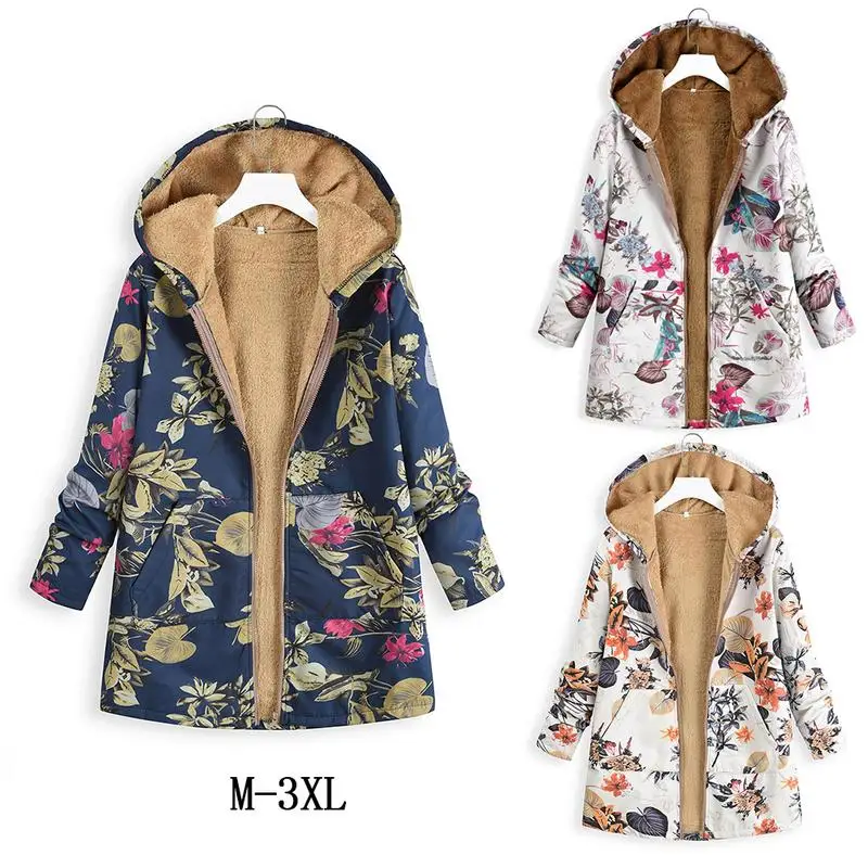 

Oversize Jacket Womens 2018 New Autumn Winter Warm Outwear Retro Floral Print Hooded Pockets Vintage Oversize Coats Women Parka