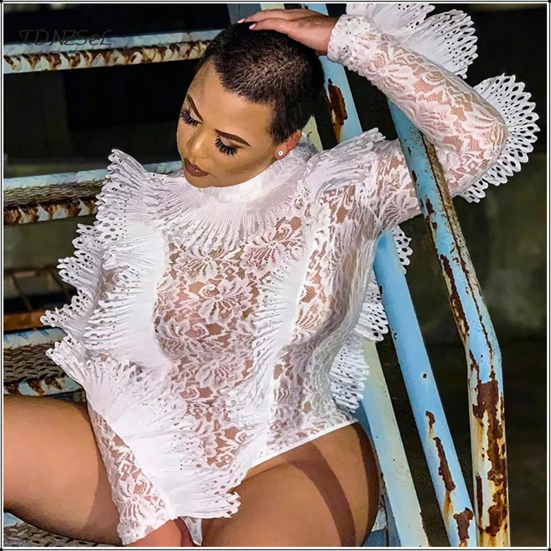 Women Sexy Lace See Through Skinny Bodysuit Long Sleeve Hollow Out Overlay Ruffle Jumpsuit Nightclub Party Turtleneck Playsuit