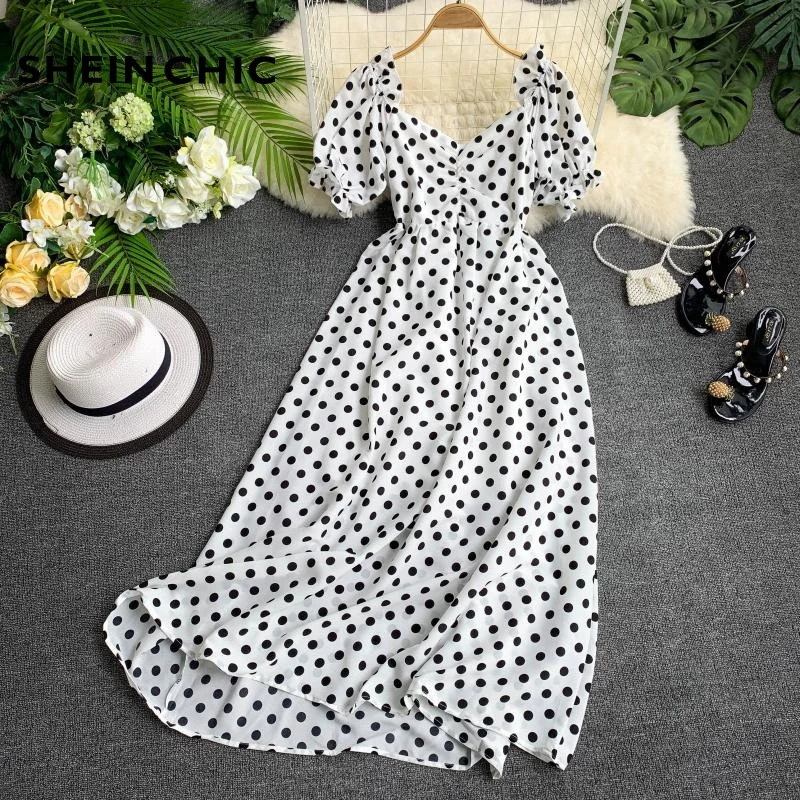 

White Red Yellow Polka Dot V Neck Dress 2019 Summer Boho Chic Flare Sleeve Midi Dress Elegant High Waist Dress Vestido Verano
